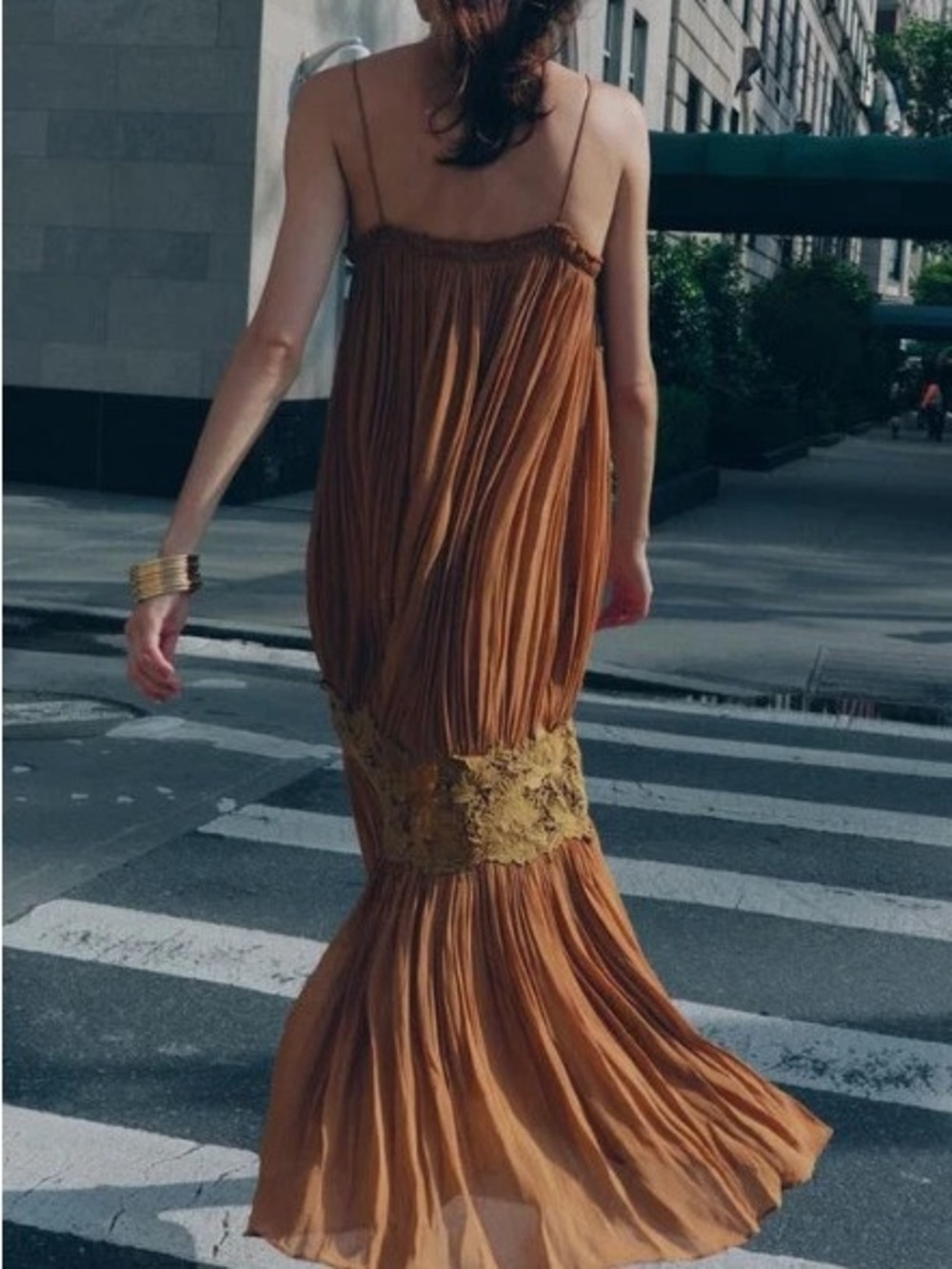NWT Zara ZW Collection Wrinkled Embroidered Maxi Dress Brown Boho Size L - Picture 6 of 16